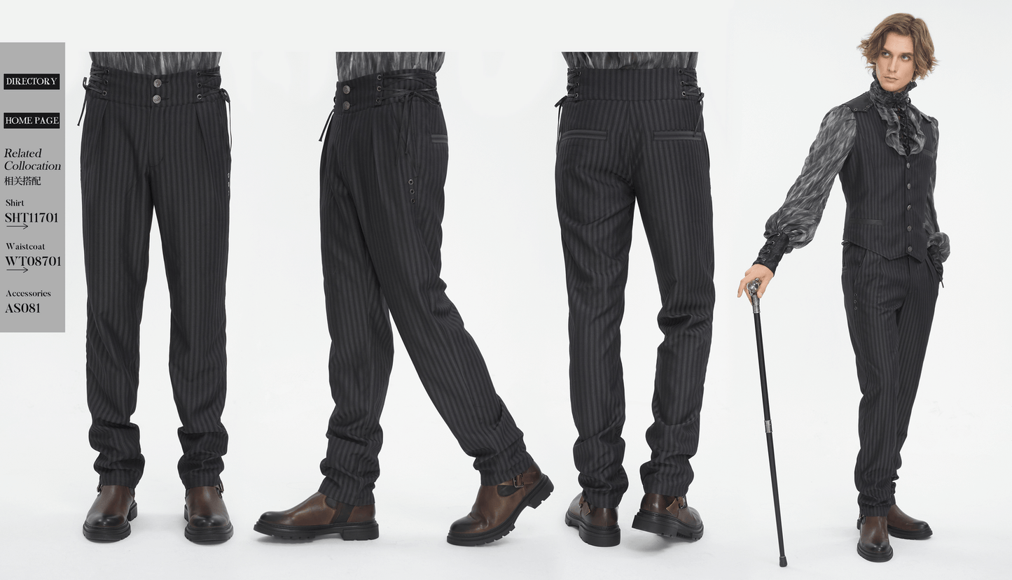 Black High-Waisted Lace-Up Side Striped Trousers