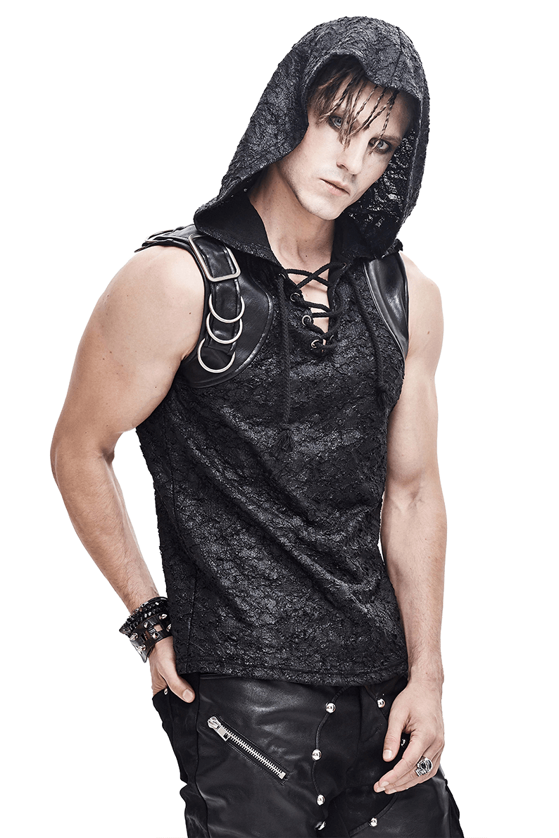Black Hooded Sleeveless Top / Gothic Lacing on the Neckline T-Shirt with Buckle