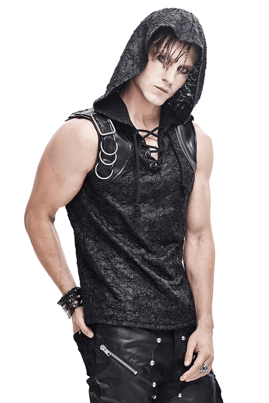 Black Hooded Sleeveless Top / Gothic Lacing on the Neckline T-Shirt with Buckle