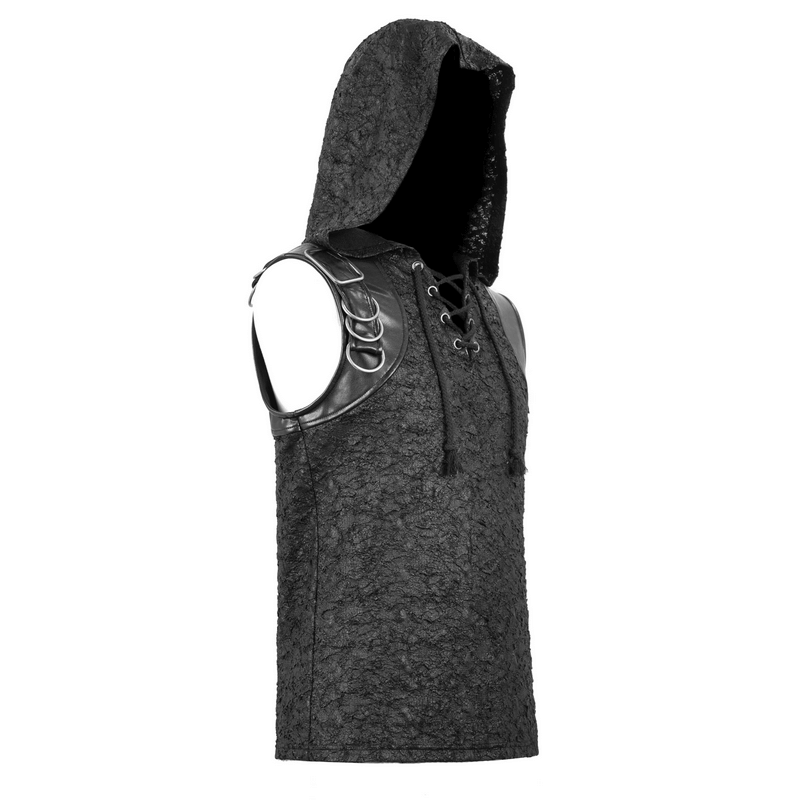 Black Hooded Sleeveless Top / Gothic Lacing on the Neckline T-Shirt with Buckle