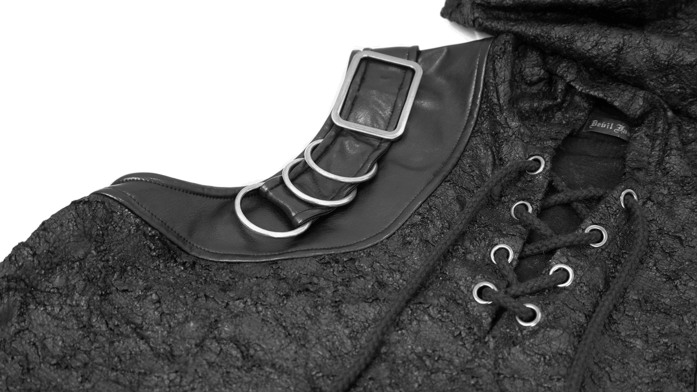 Black Hooded Sleeveless Top / Gothic Lacing on the Neckline T-Shirt with Buckle