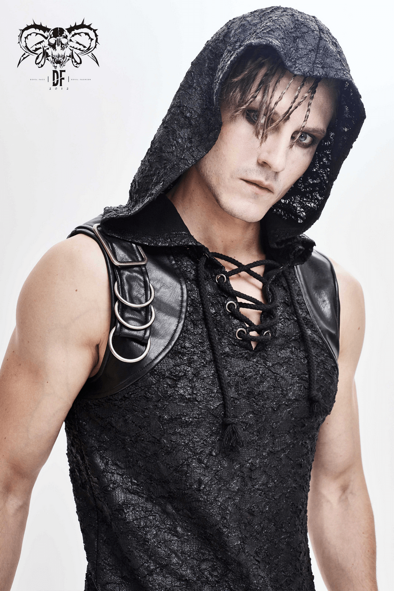 Black Hooded Sleeveless Top / Gothic Lacing on the Neckline T-Shirt with Buckle
