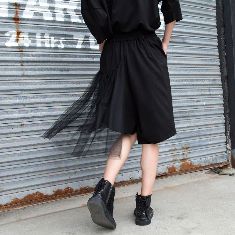 Black Irregular Half Length Trousers With High Elastic Waist / Women's Mesh Loose Fit Shorts