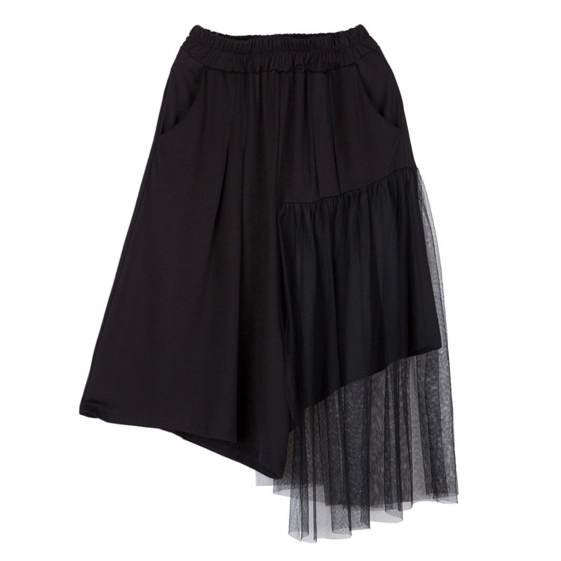 Black Irregular Half Length Trousers With High Elastic Waist / Women's Mesh Loose Fit Shorts