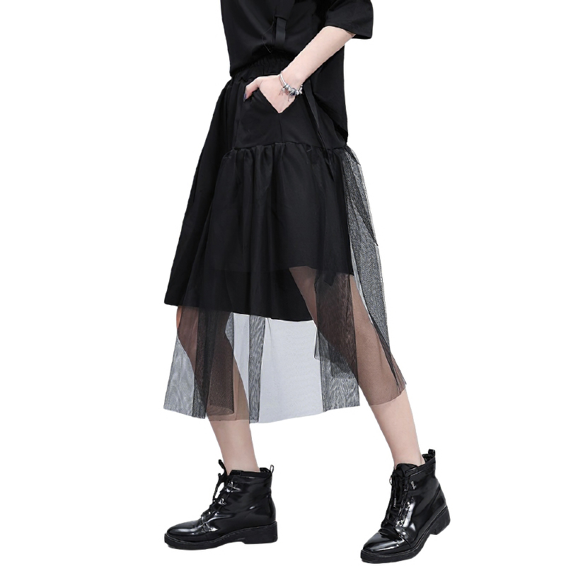 Black Irregular Half Length Trousers With High Elastic Waist / Women's Mesh Loose Fit Shorts