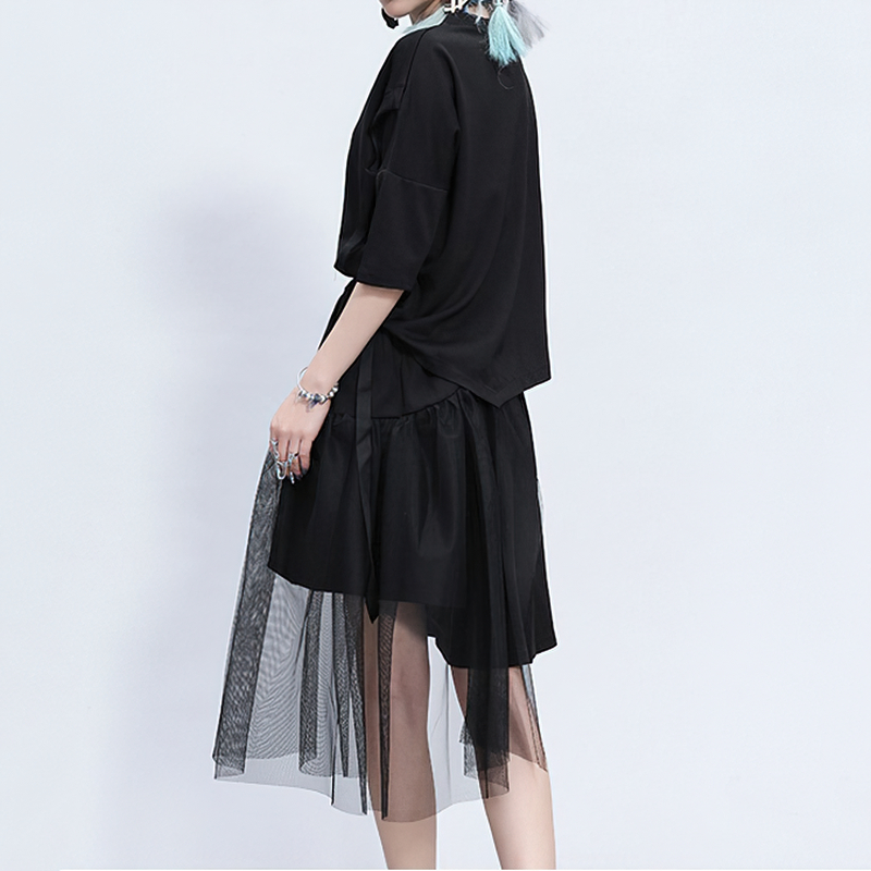 Black Irregular Half Length Trousers With High Elastic Waist / Women's Mesh Loose Fit Shorts