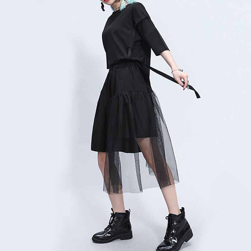 Black Irregular Half Length Trousers With High Elastic Waist / Women's Mesh Loose Fit Shorts