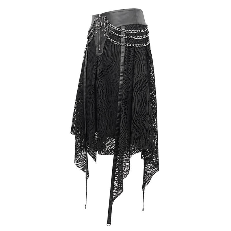 Black Irregular Metal Chain Decorated Skirt for Ladies / Gothic Women's Front Zipper Closure Skirts