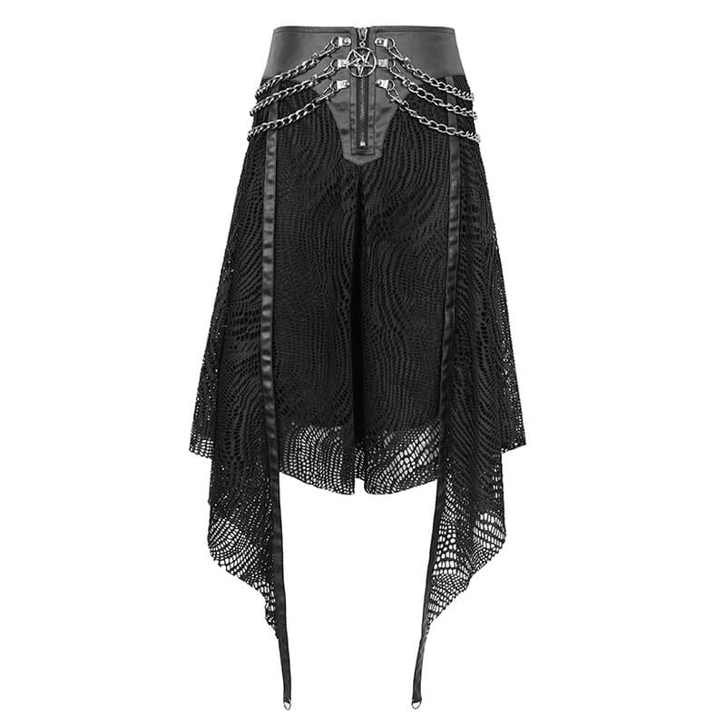 Black Irregular Metal Chain Decorated Skirt for Ladies / Gothic Women's Front Zipper Closure Skirts