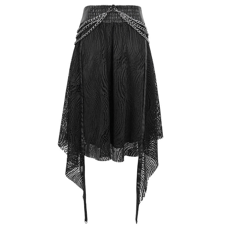 Black Irregular Metal Chain Decorated Skirt for Ladies / Gothic Women's Front Zipper Closure Skirts