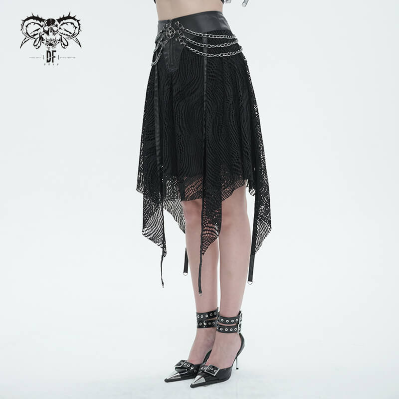 Black Irregular Metal Chain Decorated Skirt for Ladies / Gothic Women's Front Zipper Closure Skirts