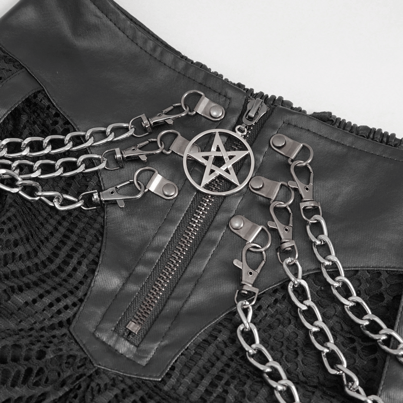 Black Irregular Metal Chain Decorated Skirt for Ladies / Gothic Women's Front Zipper Closure Skirts