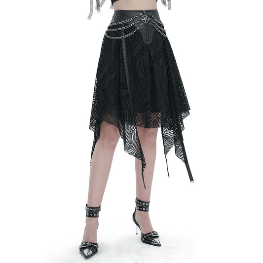 Black Irregular Metal Chain Decorated Skirt for Ladies / Gothic Women's Front Zipper Closure Skirts