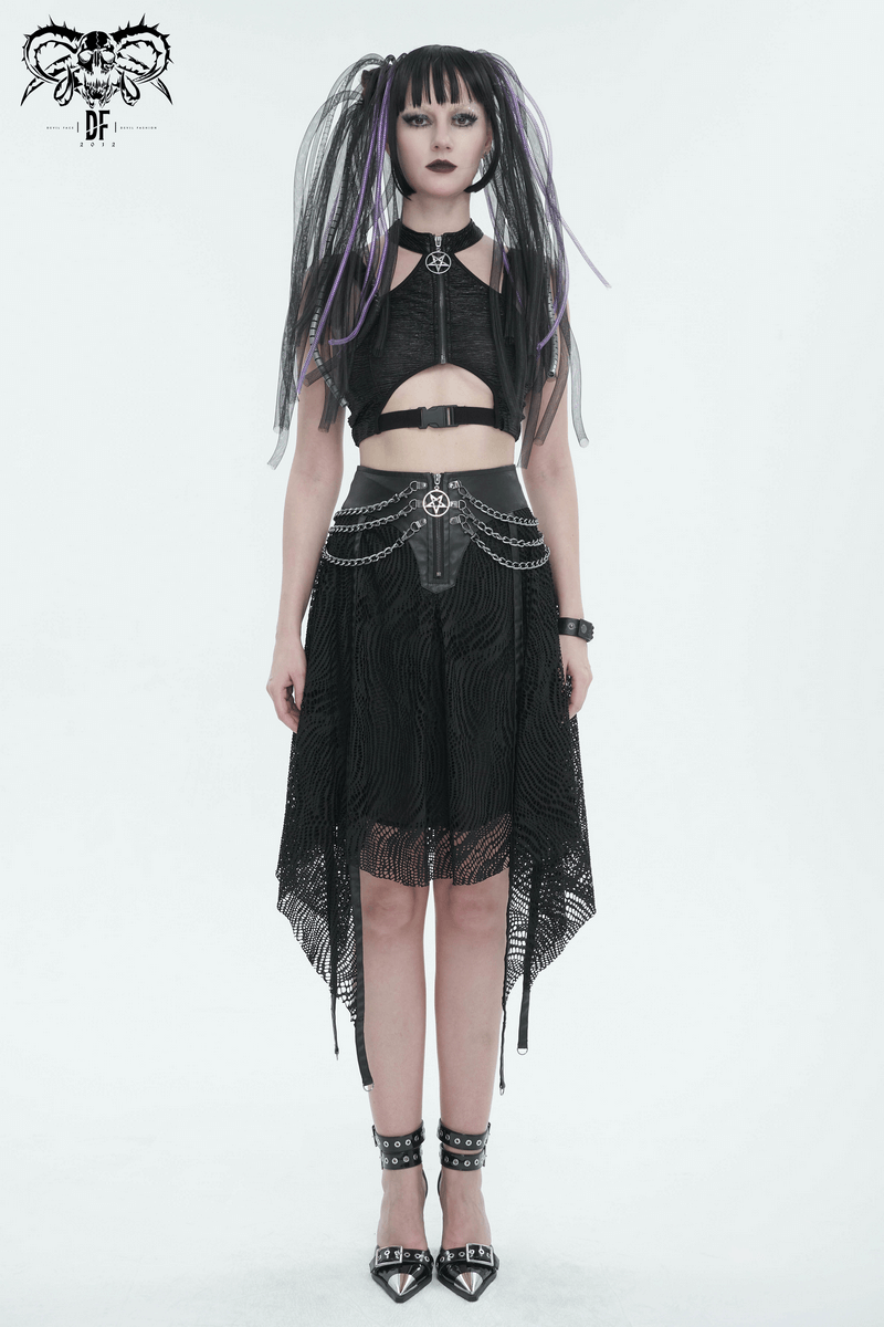 Black Irregular Metal Chain Decorated Skirt for Ladies / Gothic Women's Front Zipper Closure Skirts