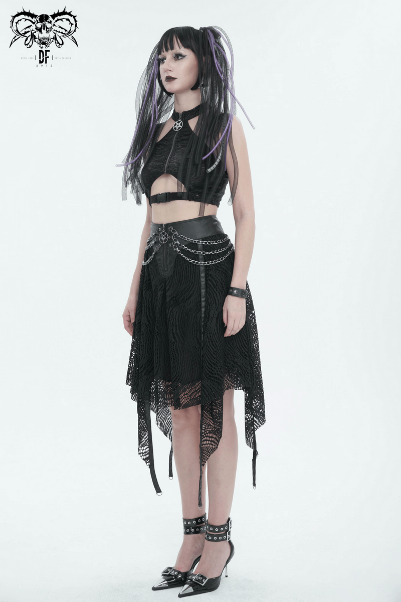 Black Irregular Metal Chain Decorated Skirt for Ladies / Gothic Women's Front Zipper Closure Skirts
