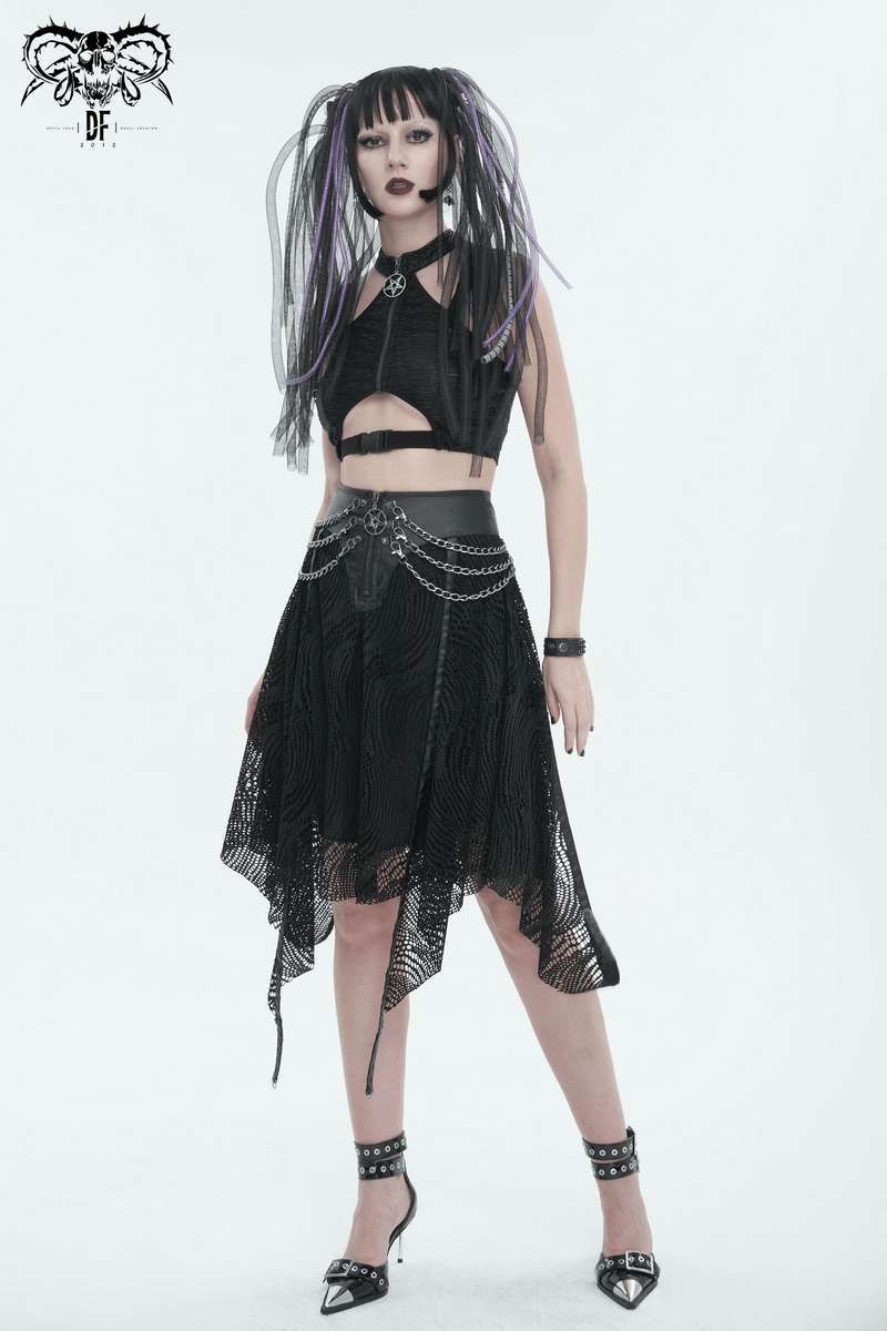 Black Irregular Metal Chain Decorated Skirt for Ladies / Gothic Women's Front Zipper Closure Skirts
