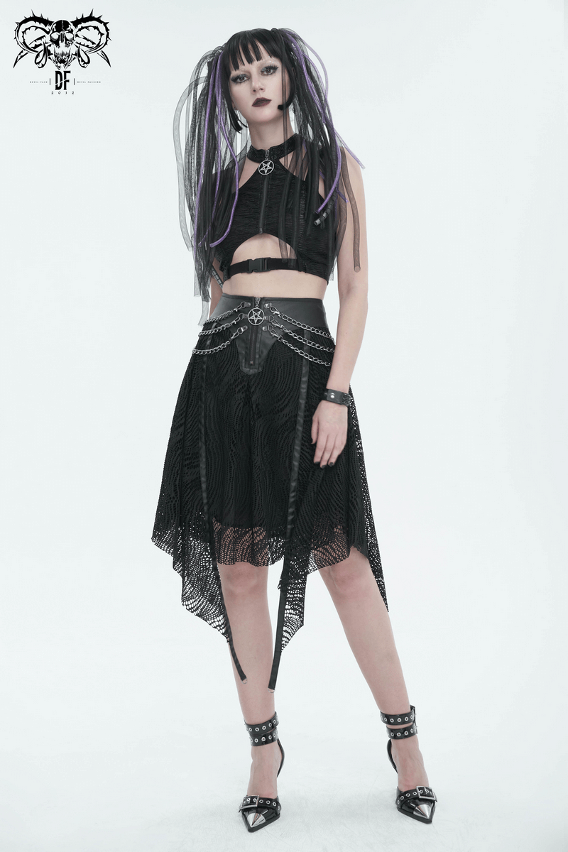 Black Irregular Metal Chain Decorated Skirt for Ladies / Gothic Women's Front Zipper Closure Skirts