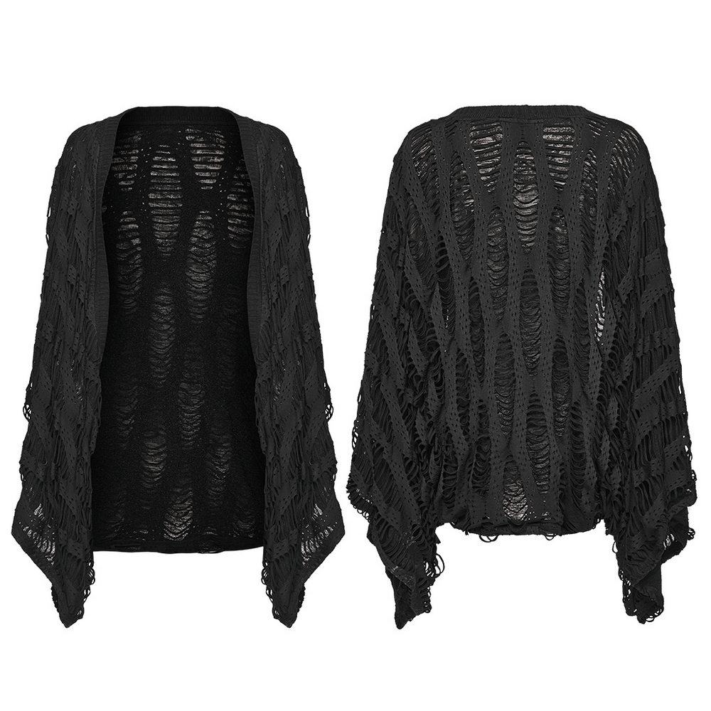 Black Knit Punk Cardigan with Ragged Loose Sleeve Design