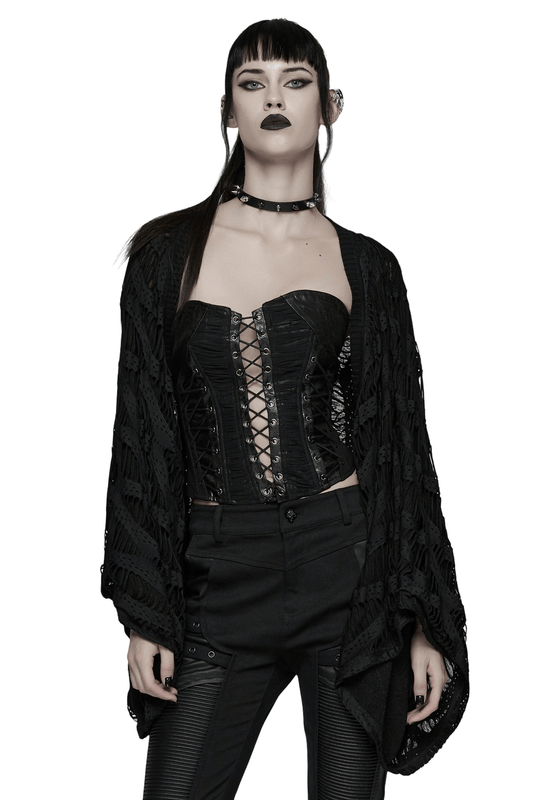 Black Knit Punk Cardigan with Ragged Loose Sleeve Design