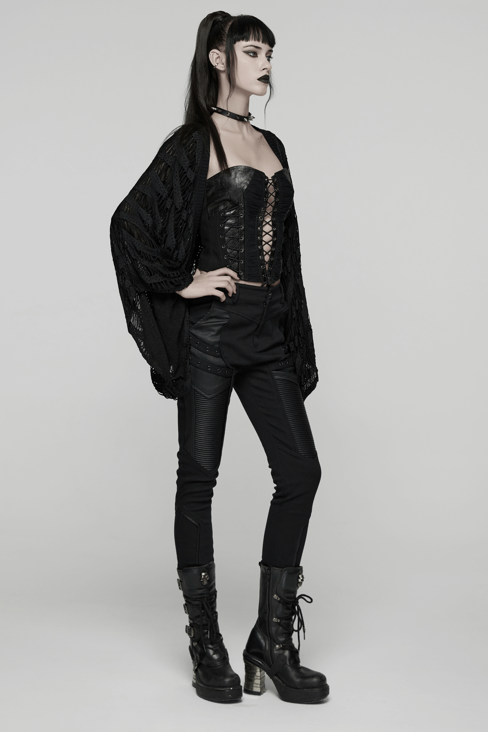 Black Knit Punk Cardigan with Ragged Loose Sleeve Design