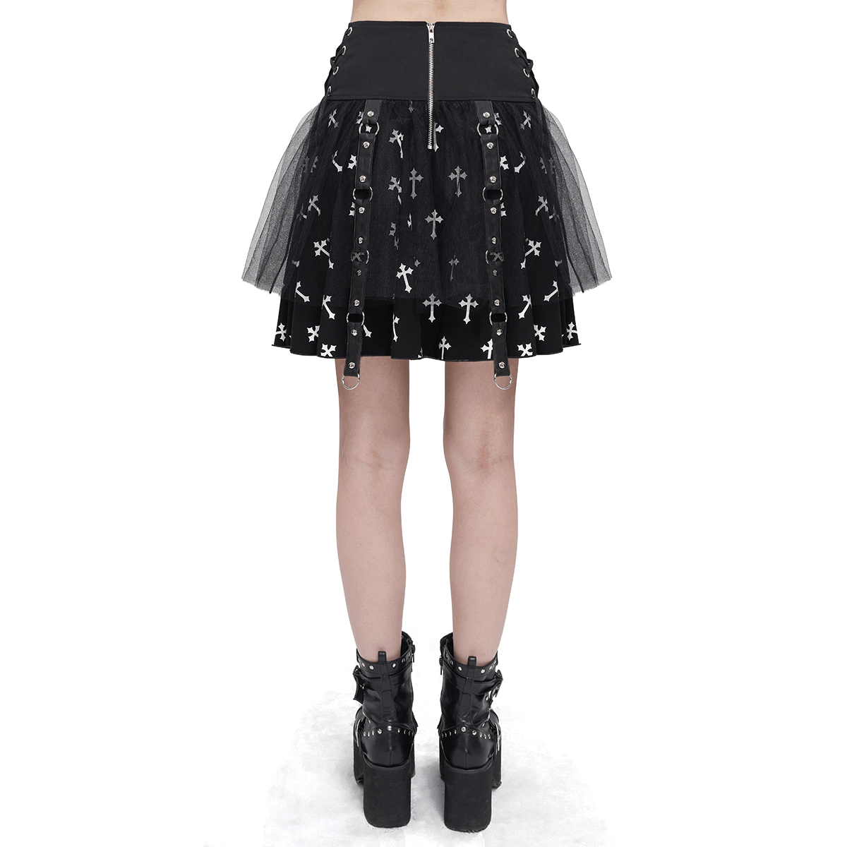 Black Knitted Skirt With White Crosses Print / Punk Women's Skirt with Side Waist Straps and Chain