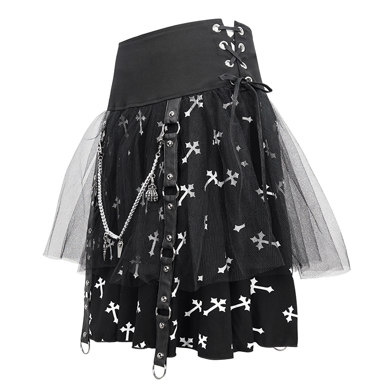 Black Knitted Skirt With White Crosses Print / Punk Women's Skirt with Side Waist Straps and Chain