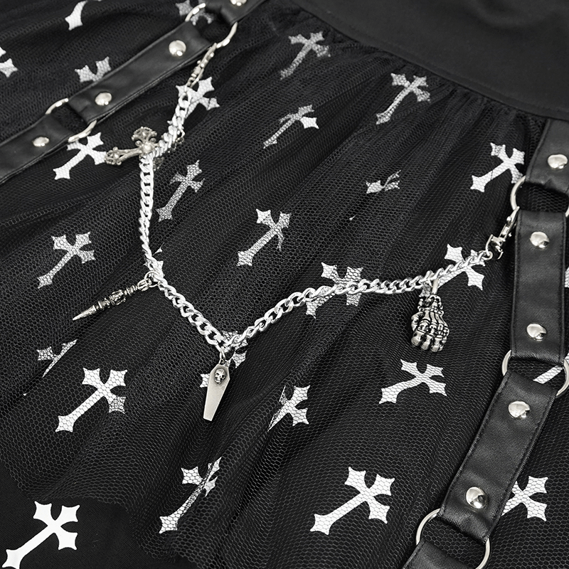 Black Knitted Skirt With White Crosses Print / Punk Women's Skirt with Side Waist Straps and Chain
