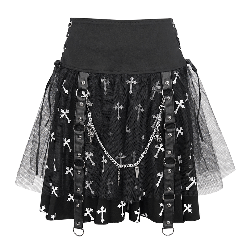 Black Knitted Skirt With White Crosses Print / Punk Women's Skirt with Side Waist Straps and Chain