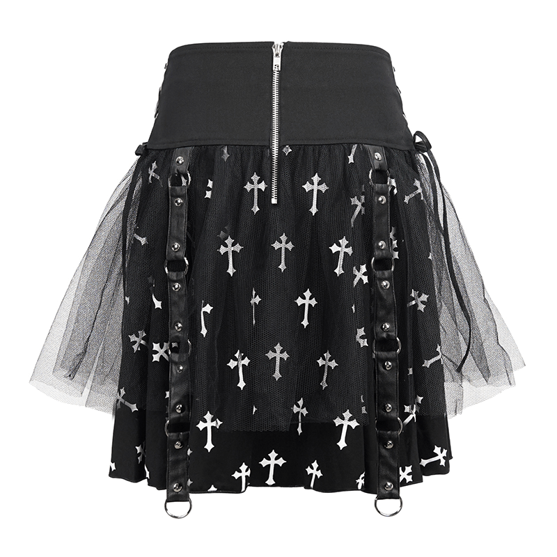 Black Knitted Skirt With White Crosses Print / Punk Women's Skirt with Side Waist Straps and Chain