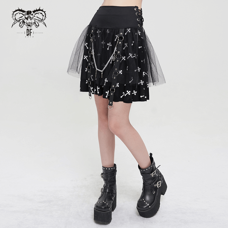 Black Knitted Skirt With White Crosses Print / Punk Women's Skirt with Side Waist Straps and Chain