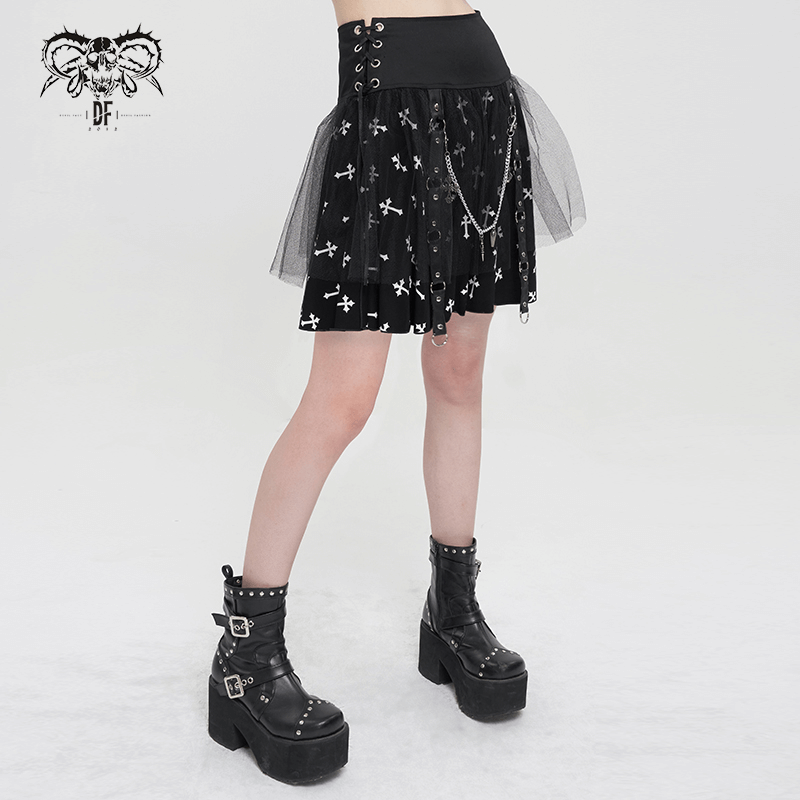 Black Knitted Skirt With White Crosses Print / Punk Women's Skirt with Side Waist Straps and Chain