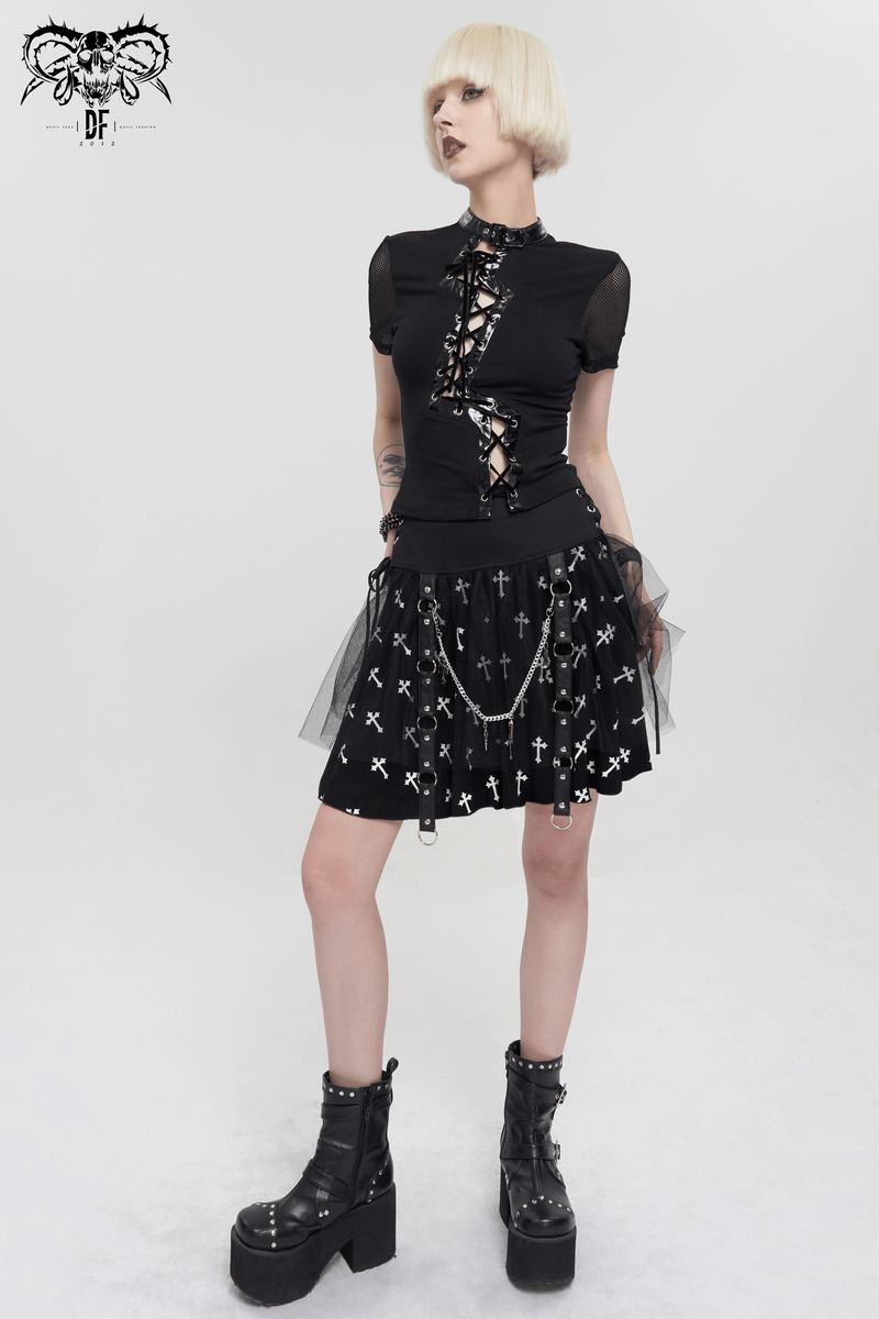 Black Knitted Skirt With White Crosses Print / Punk Women's Skirt with Side Waist Straps and Chain