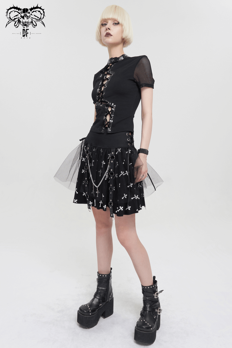 Black Knitted Skirt With White Crosses Print / Punk Women's Skirt with Side Waist Straps and Chain
