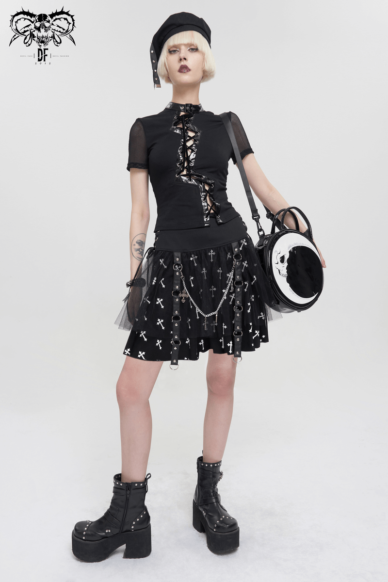 Black Knitted Skirt With White Crosses Print / Punk Women's Skirt with Side Waist Straps and Chain