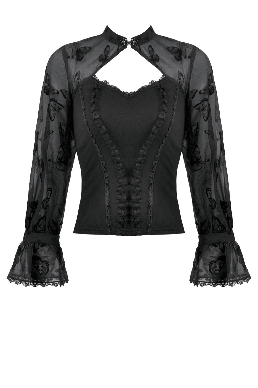 Black Lace and Velvet Butterfly-Detail Victorian Top