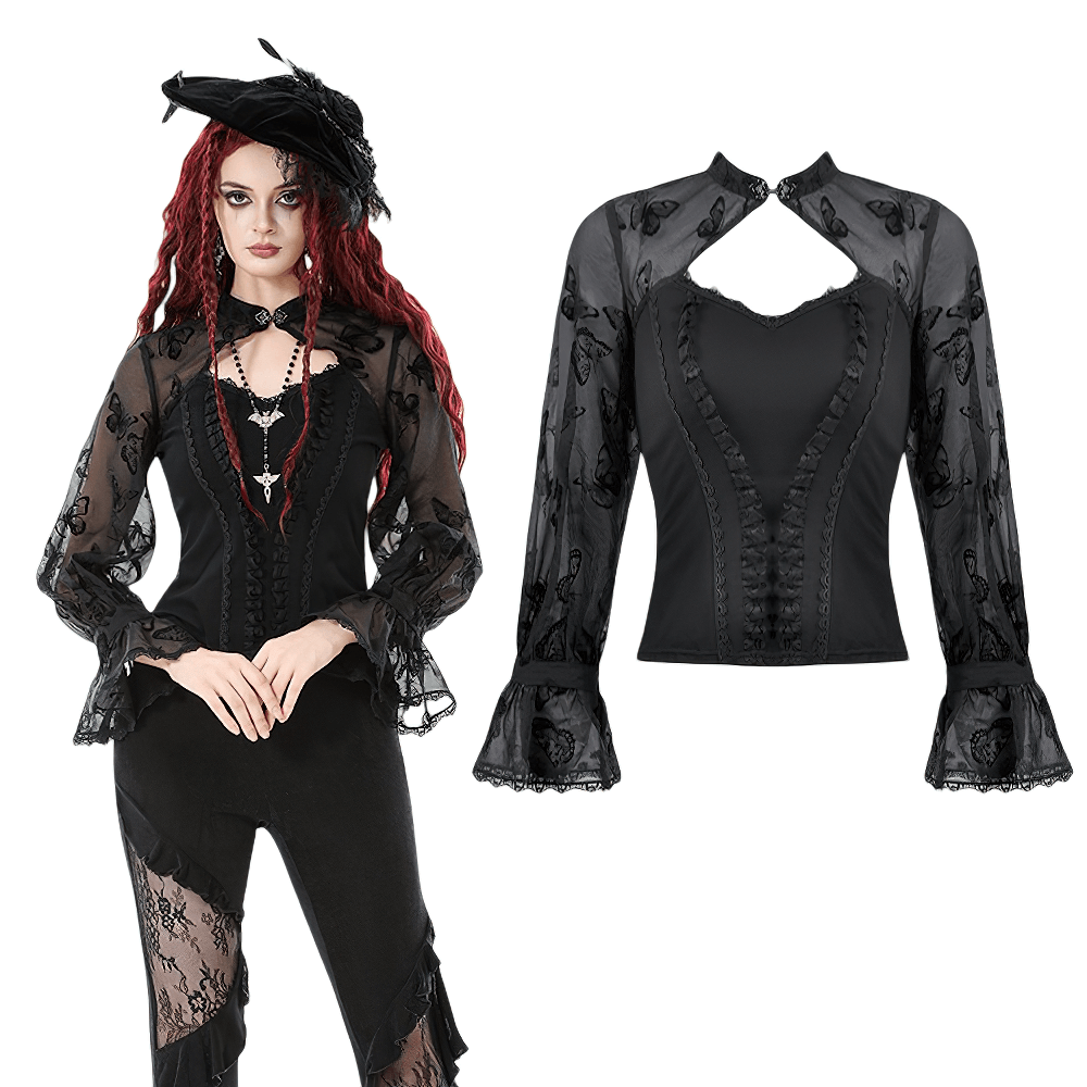 Black Lace and Velvet Butterfly-Detail Victorian Top