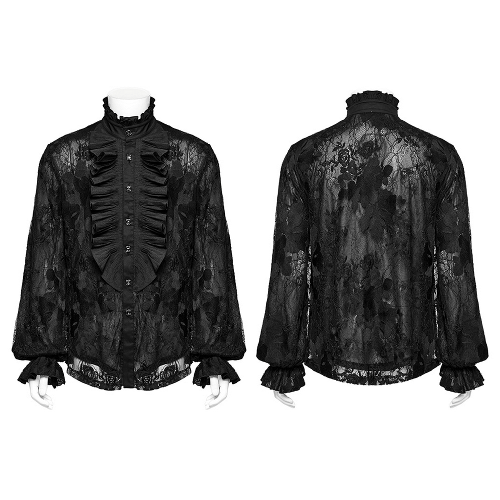 Black Lace Embroidered Gothic Shirt with Ruffled Collar