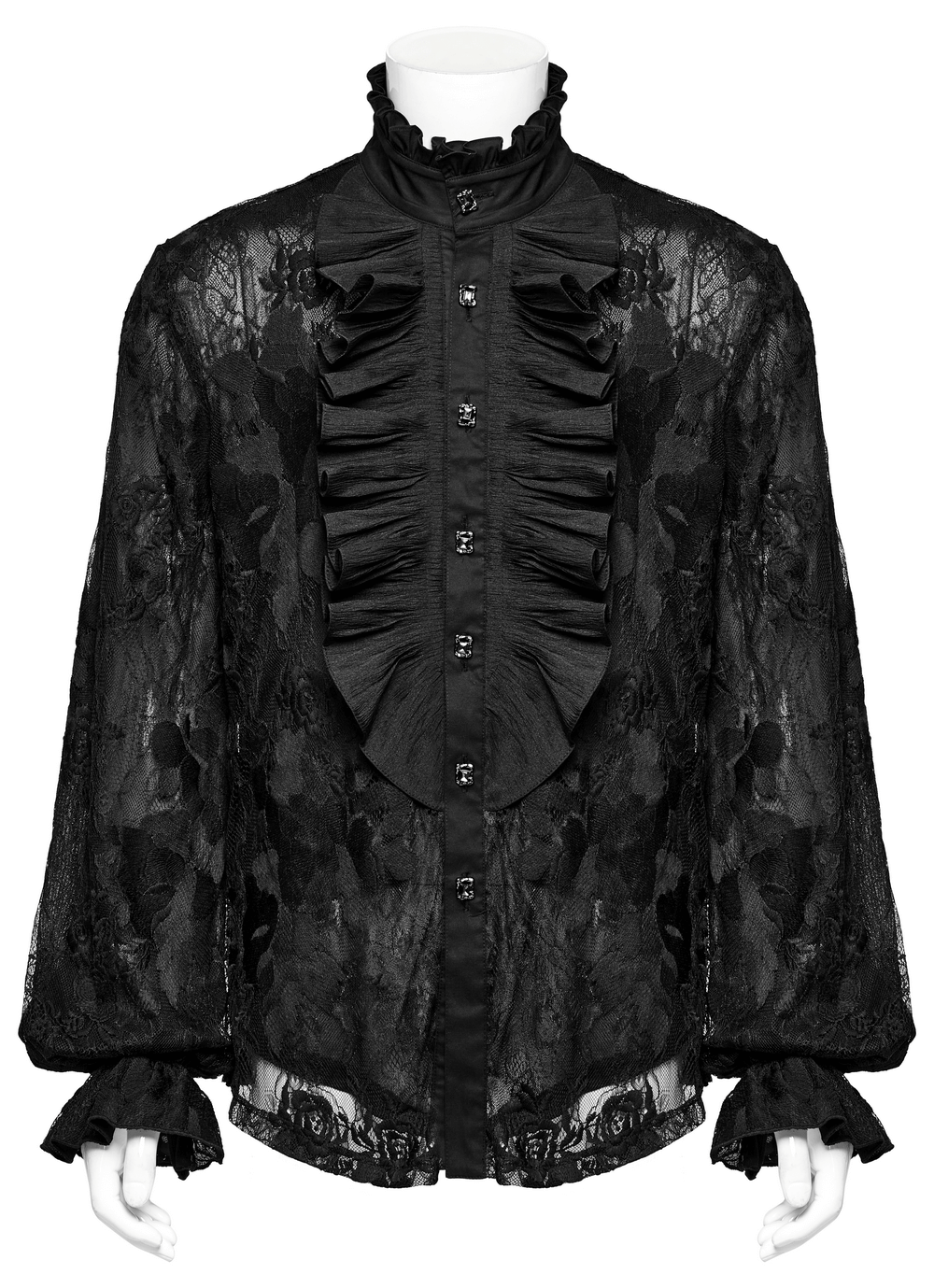 Black Lace Embroidered Gothic Shirt with Ruffled Collar