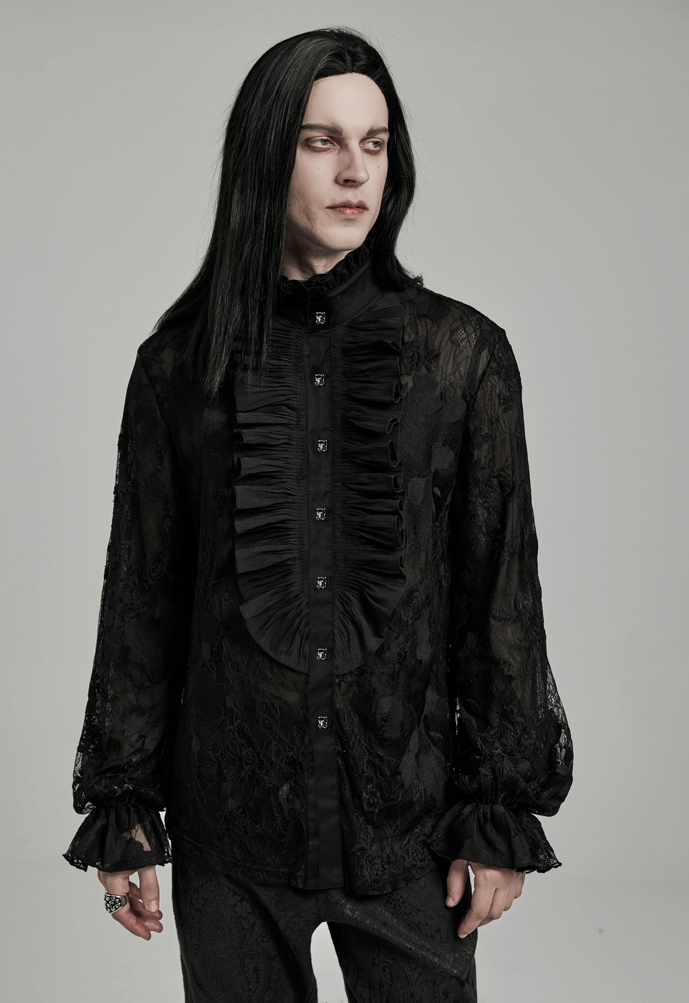Black Lace Embroidered Gothic Shirt with Ruffled Collar