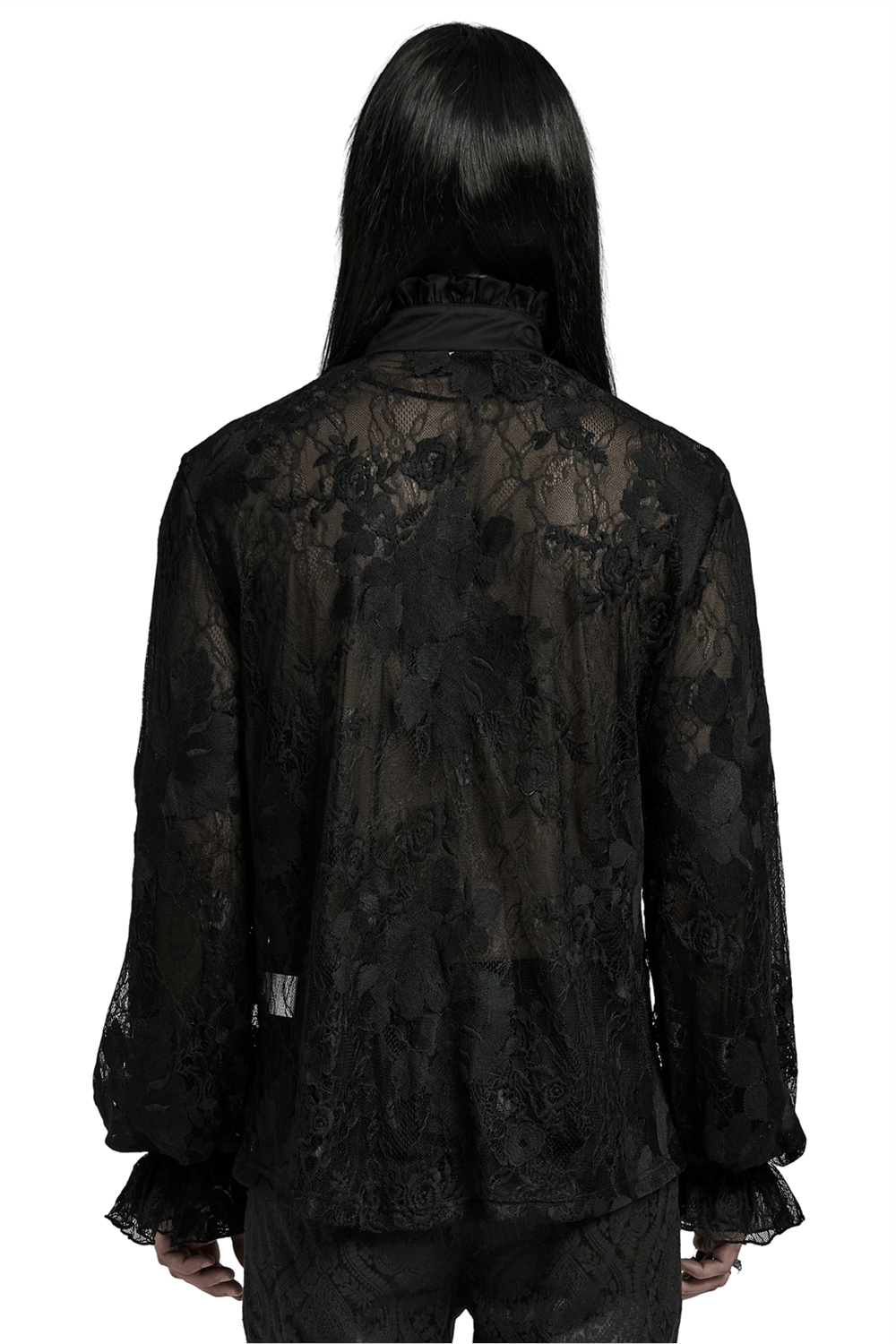 Black Lace Embroidered Gothic Shirt with Ruffled Collar