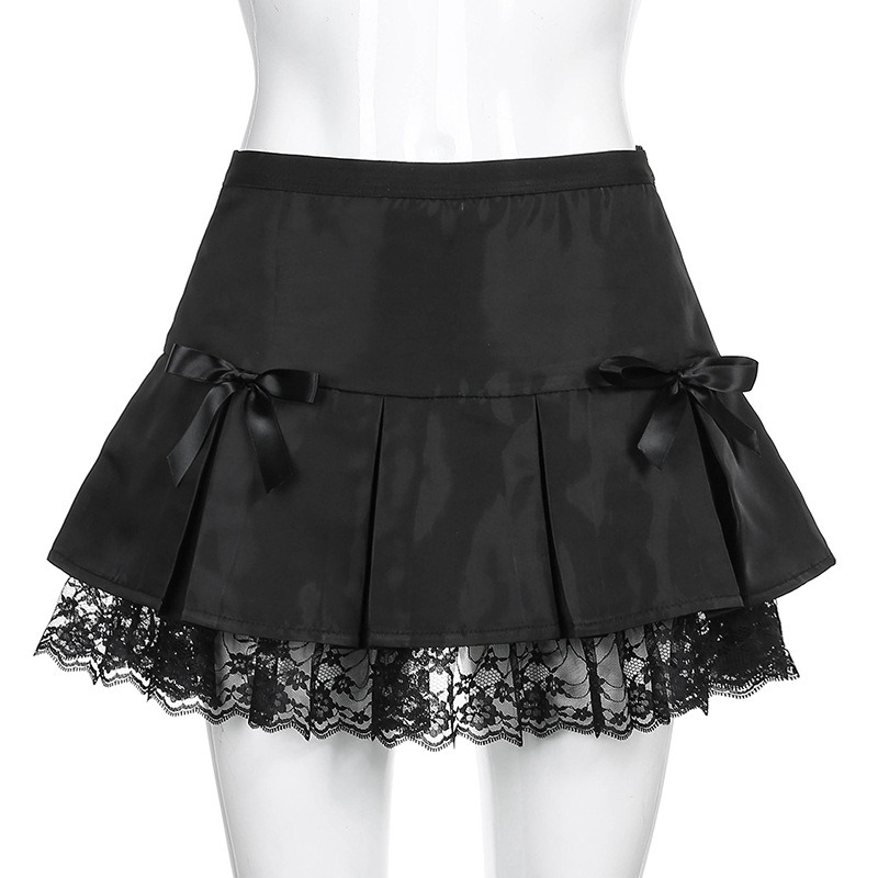 Black Lace Gothic Mini Skirt / Women's Pleated A-Line Low Waist Skirts With Bows