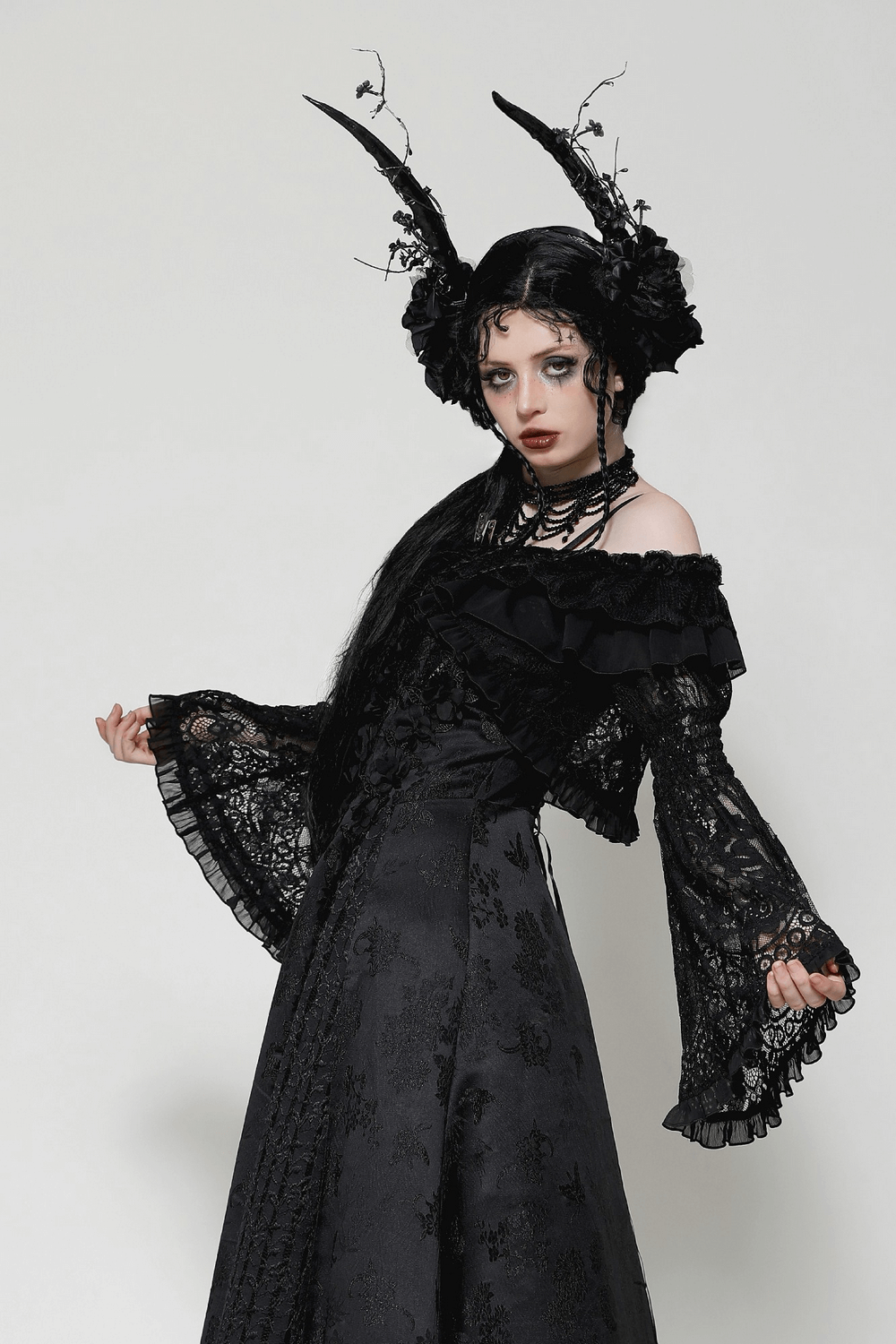 Black Lace Gothic Off-Shoulder Cape with Flared Sleeves