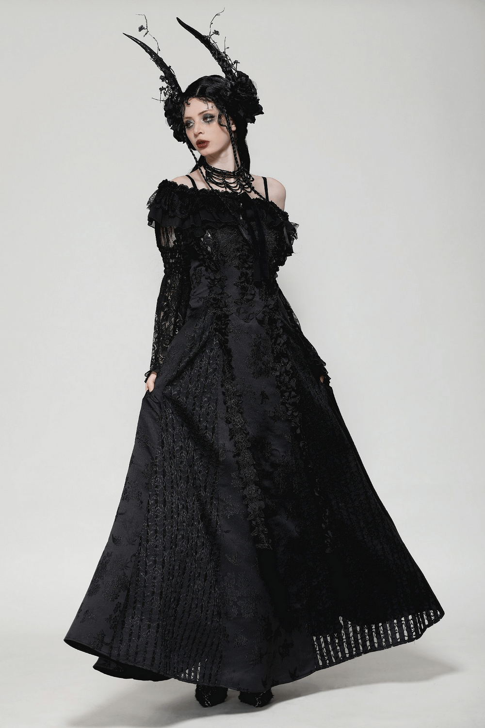 Black Lace Gothic Off-Shoulder Cape with Flared Sleeves