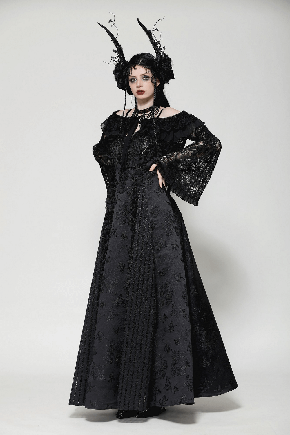 Black Lace Gothic Off-Shoulder Cape with Flared Sleeves