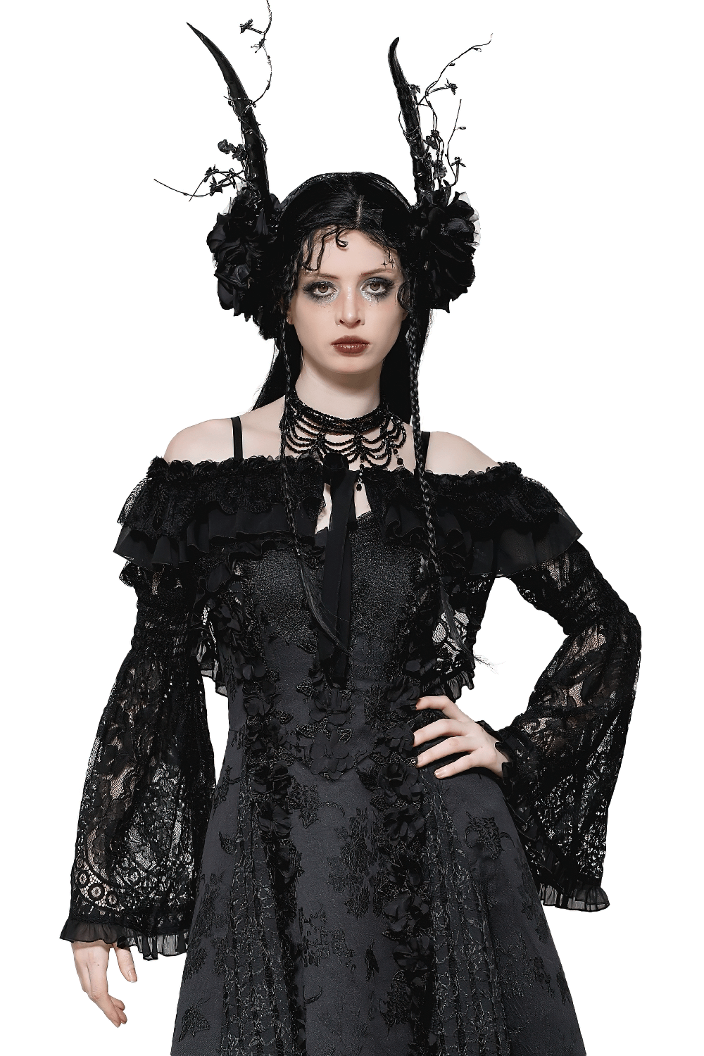 Black Lace Gothic Off-Shoulder Cape with Flared Sleeves