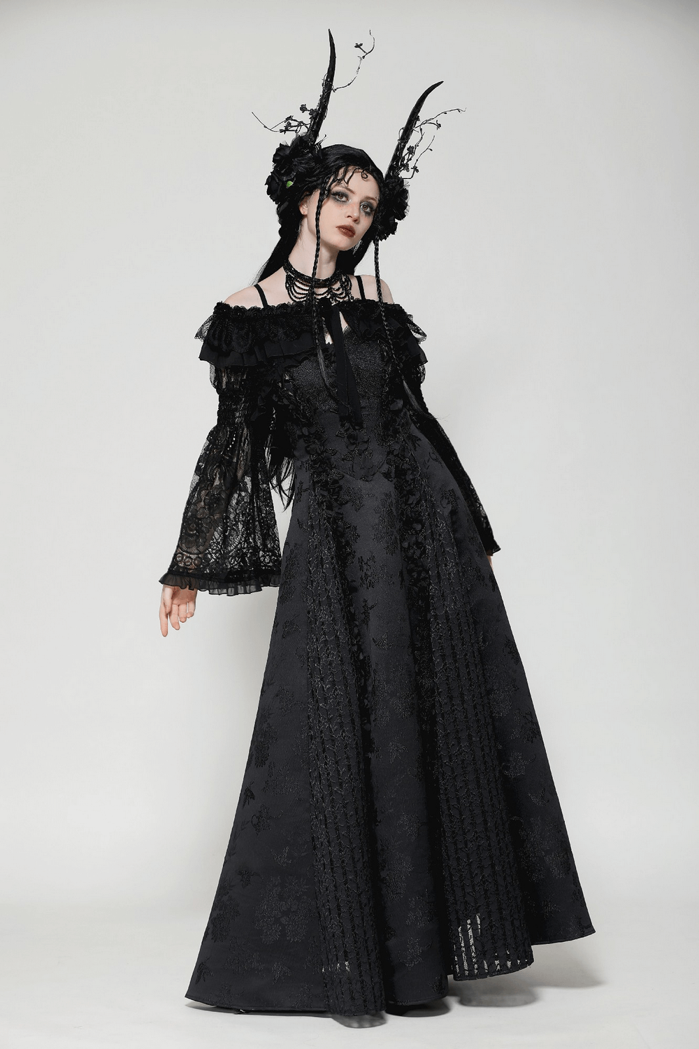 Black Lace Gothic Off-Shoulder Cape with Flared Sleeves