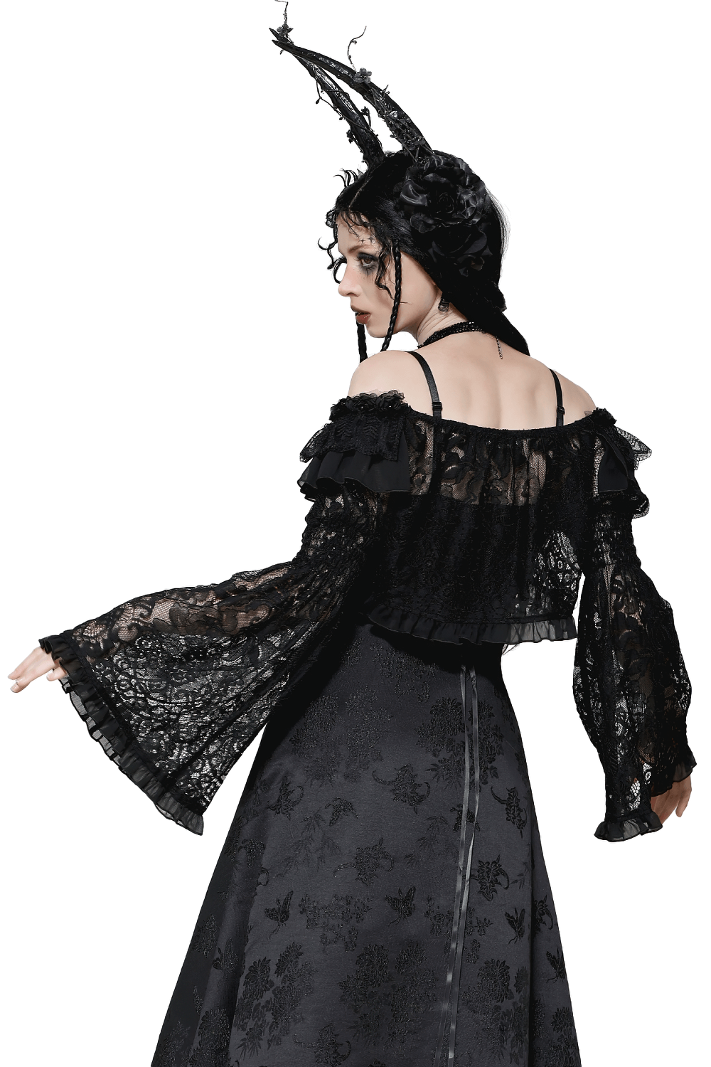 Black Lace Gothic Off-Shoulder Cape with Flared Sleeves