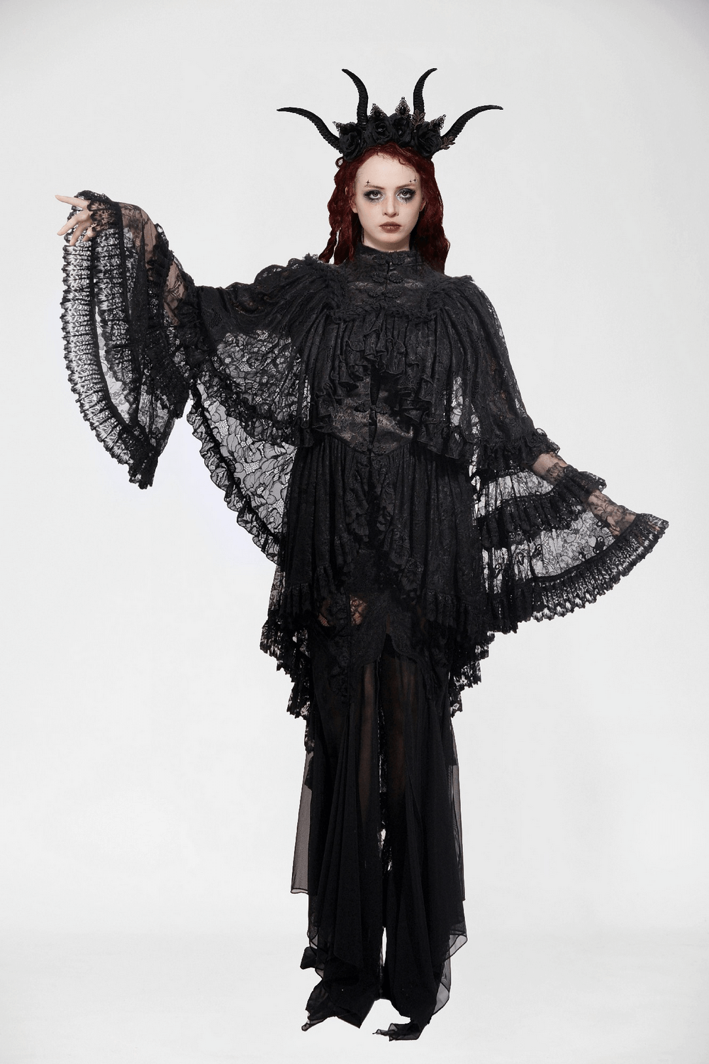 Black Lace Gothic Ruffle Cape with High Collar and Sleeves