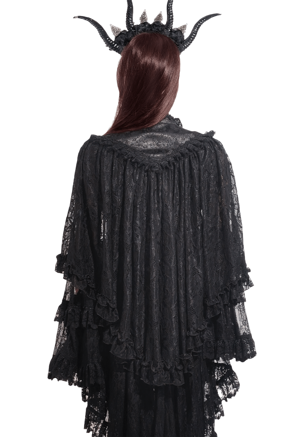 Black Lace Gothic Ruffle Cape with High Collar and Sleeves
