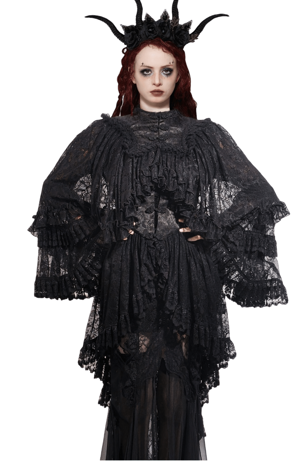 Black Lace Gothic Ruffle Cape with High Collar and Sleeves